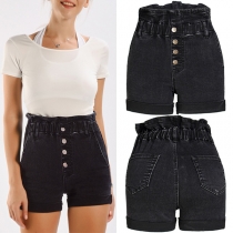Vintage Button Elastic Waist High-rise Denim Shorts