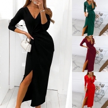 Fashion Solid Color V-neck Long Sleeve Ruched Slit Bodycon Dress