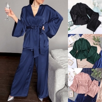 Comfy Solid Color Satin Loungewear Set Consist of Self-tie Shirt and Pants