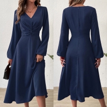 Elegant Solid Color Ruched V-neck Long Sleeve Midi Dress