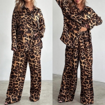 Fashion Leopard Printed Two-piece Pajamas Set Consist of Shirt and Wide-leg Pants