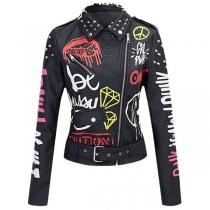 Punk Rock Graffiti Print Rivet Motorcycle Leather Jacket