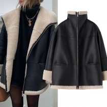 Street Fashion Stand Collar Long Sleeve Plush Lined Artificial Leather PU Jacket
