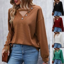 Casual Buttoned V-neck Long Sleeve Shirt