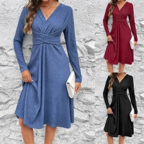Fashion Solid Color Cinch Waist Long Sleeve Mini Dress