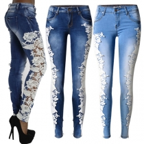 Fashion Old-washed Lace Spliced Slim Fit Jeans