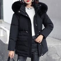Velvet and Thickened Waist Mid Length Down Jacket