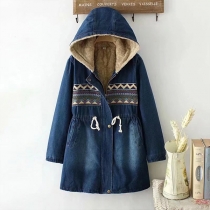 Embroidered Denim Jacket Thickened with Drawstring and Fleece Quilted Design