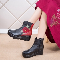 Embroidered Short Boots Thick Sole with Side Zipper Cotton Boots