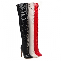 Lace Up Front Stiletto Pointed Toe Over the Knee Boots