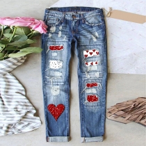 Long Jeans with Heart Patch and Ripped Details