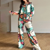 Printed Button Long Sleeved Top with Slimming Trousers Suit