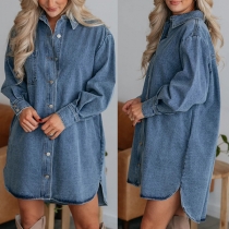 Casual Old-washed Stand Collar Long Sleeve High-low Hemline Denim Shirt Dress