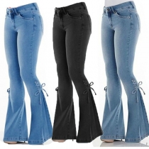 Fashion Old-washed Lace-up Wide-leg Denim Jeans
