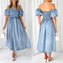 Elegant Old-wash Smocked Bodice Puff Short Sleeve Off-the-shoulder Denim Dress