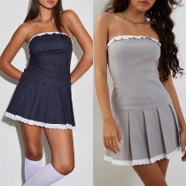 Fashion Lace Spliced Strapless Pleated Hemline Mini Dress