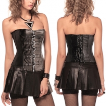 Vintage Front Buckle Back Lace-up Strapless Artificial Leather PU Corset