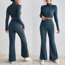 Fashion Ribbed Two-piece Set Consist of Mock Neck Crop Top and Wide-leg Pants