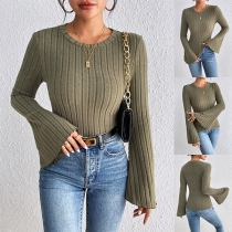 Fashion Solid Color Round Neck Trumpet Long Sleeve Ribbed Shirt