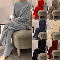 Comfy Ribbed Knitted Two-piece Set Consist of Slit Sweater and Straight Cut Pants