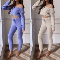 Fashion Plush Two-piece Set Consist of V-neck Crop Top and Drawstring Pants