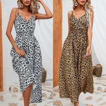 Fashion Leopard Printed V-neck Sleeveless Cinch Waist Midi Dress