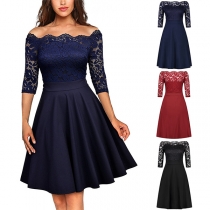 Elegant Lace Spliced Off-the-shoulder Elbow Sleeve Mini Dress