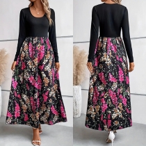 Vintage Black Bodice Round Neck Long Sleeve Floral Printed Maxi Dress