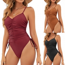 Sexy Solid Color V-neck Ruched Side Drawstring One-piece Swimsuit