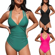 Sexy Solid Color Halter Neck Criss-cross Backless One-piece Swimsuit
