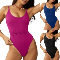 Sexy  Solid Color Back Lace-up Backless One-piece Swimsuit