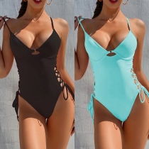 Sexy Front Cutout Lace-up Backless One-piece Swimsuit