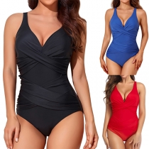 Fashion Solid Color Front Ruched V-neck One-piece Swimsuit