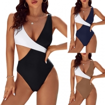 Sexy Contrast Color V-neck One-piece Swimsuit