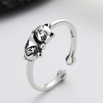 S925 Sterling Silver Vintage Lucky Cat Open Ring
