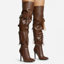 Solid Color Stiletto Boots with Pocket and Tassel Detail