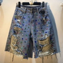 High Waist Denim Shorts for Women: Rhinestone Beaded with Holes and Tassels