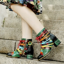 Short Boots with Printed Stitching, Colorful Straps and Thick Heels