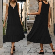Casual Round Neck Buttoned Sleeveless Dress