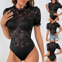 Sexy Mock Neck Short Sleeve Lace Bodysuit