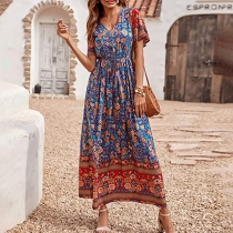 Printed Bohemian Dress with Short Sleeves and Long Skirt