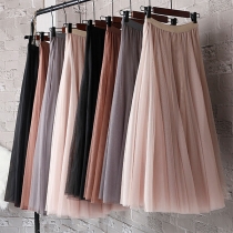 High-Waist Midi Skirt with A-Line Mesh Hem