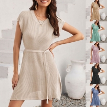 Fashion Solid Color Round Neck Cap Sleeve Self-tie Slit Knitted Dress