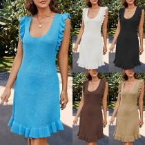 Fashion U-shape Neckline Ruffled Sleeveless Knitted Dress