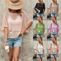 Fashion Hollow Out Round Neck Batwing Sleeve Loose Shirt