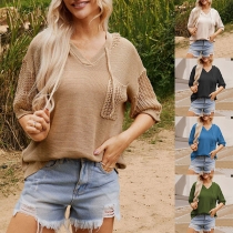 Casual V-neck Drawstring Hooded Knitted Shirt