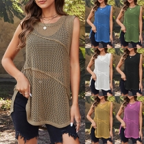 Fashion Hollow Out Round Neck Sleeveless Slit Knitted Shirt