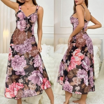 Sexy Floral Printed V-neck Backless Pajamas Dress