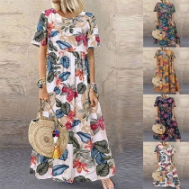 Loose Fit Retro Floral Shirt with Round Neck and Short Sleeves