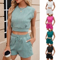 Sleeveless Wavy Solid Color Round Neck Casual  Suit